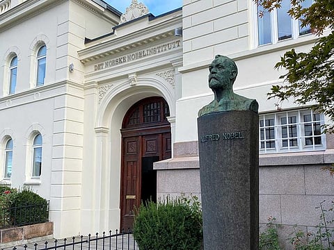 An outside view of the Norwegian Nobel Institute with a bust of Alfred Nobel, in central Oslo, Norway September 14, 2021.