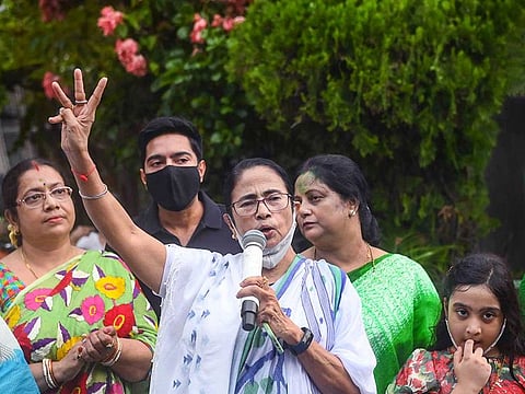West Bengal Chief Minister and TMC candidate from Bhabanipur constituency Mamata Banerjee after her victory in by-polls, at her Kalighat residence in Kolkata, Sunday, Oct. 3, 2021.