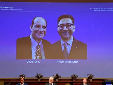 Members of the Nobel Committee sit in front of a screen displaying the winners of the 2021 Nobel Prize in Physiology or Medicine David Julius (left) and Ardem Patapoutian, during a press conference at the Karolinska Institute in Stockholm, on October 4, 2021.