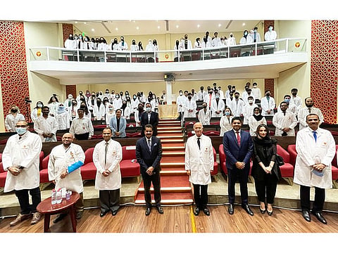 Dr Thumbay Moideen, Founder, President of Thumbay Group Board of Trustees, GMU, Prof. Hossam Hamdy, Chancellor, GMU, Dr Pr Vice Chancellors Academic along with other attendees