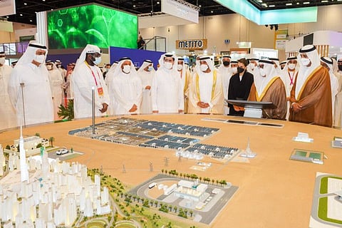 (fifth from left) Sheikh Ahmed bin Saeed Al Maktoum, Chairman of the Dubai Supreme Council of Energy and Chairman of the Expo 2020 Dubai Higher Committee, tours WETEX 2021 at Expo 2020 Dubai on Tuesday