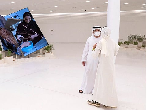Sheikh Hamdan bin Mohammed bin Rashid Al Maktoum, Crown Prince of Dubai and Chairman of The Executive Council of Dubai, at the UAE Pavilion, Expo 2020 Dubai, on Tuesday. Seen here with Noura Al Kaabi, Minister of Culture and Youth and Commissioner General of the UAE Pavilion.