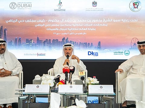 Saeed Hareb, Secretary General of Dubai Sports Council (centre), announces the details of World Karate Championship in a press conference in Dubai on Wednesday. Major General Nasser Al Razooqi, President of the Asian and UAE Karate Federation and Vice President of World Karate Federation; Khalid Issa Al Midfa, Assistant Secretary General of General Authority of Sports; Nasser Aman Al Rahma, Assistant Secretary General of DSC, and other officials of the Council and UAEKF also attended the meeting.