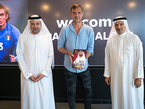 Paolo Maldini (centre), being flanked by Saeeb Hareb (right) and Nasser Aman Al Rahma, Secretary General and Assistant Secretary General of Dubai Sports Council at Italy's pavilion of Expo 2020.