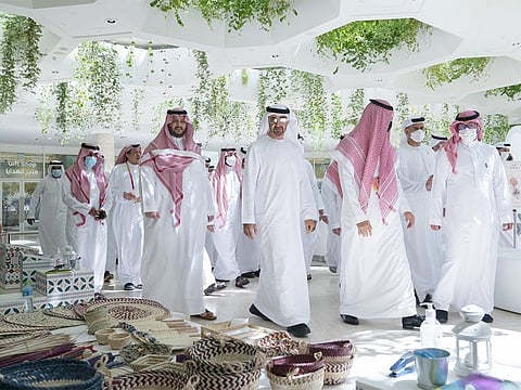Sheikh Mohamed expressed his happiness at visiting the Saudi pavilion, which showcases rich and innovative content that underscores the kingdom's significant development, prosperity, ancient history, inspiring projects and ambitious future vision.