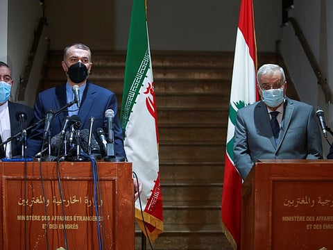 Iranian Foreign Minister Hossein Amir-abdollahian and Lebanese Foreign minister Abdallah Bou Habib attend a joint news conference in Beirut, on October 7, 2021.