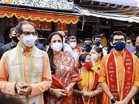 Maharashtra Chief Minister Uddhav Thackeray along with his family and Mayor of Mumbai Kishori Pednekar visits Mumba Devi Temple on the first day of the 'Navratri' festival, in Mumbai on Thursday, Maharashtra, Oct 7, 2021.