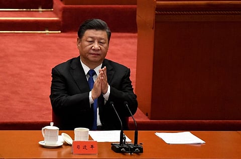 Chinese President Xi Jinping attends the commemoration of the 110th anniversary of the Xinhai Revolution which overthrew the Qing Dynasty and led to the founding of the Republic of China, at the Great Hall of the People in Beijing on October 9, 2021.