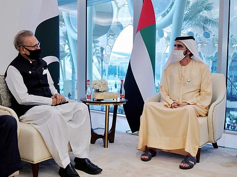 His Highness Sheikh Mohammed bin Rashid Al Maktoum, Vice-President and Prime Minister of the UAE and Ruler of Dubai, met Pakistan President Dr Arif Alvi at Expo 2020 Dubai today.