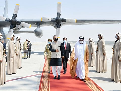 Pakistan President Dr Arif Alvi received on Saturday by UAE’s Minister of Justice Abdullah bin Sultan bin Awad Al Nuaimi and Pakistan Ambassador Afzaal Mahmood, at the Al Maktoum International Airport.