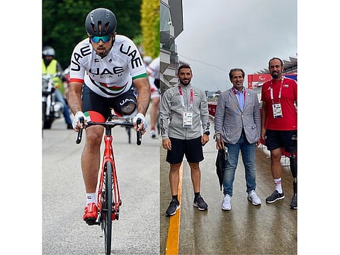 Ahmed Al Mansoori, athlete; Picture on the right: Mohammed Al Murawwi, UAE Para-cycling Sports Director and CUD student; Mohamed Fadel Al-Hamli, Head of the UAE Paralympic Committee and the delegation of the national team for the Tokyo 2020 Paralympic Games; and Ahmed Al Mansoori, UAE national para-cycling athlete