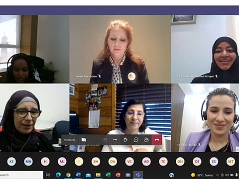 Dr Iffat El Barazi (bottom left) and other public health officials speak during a panel session addressing mental health in the UAE.