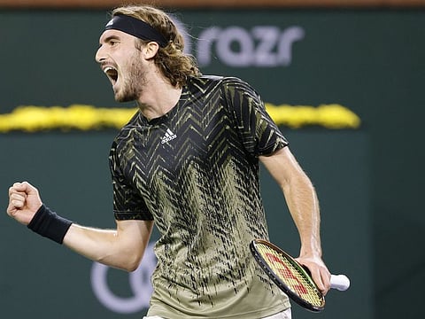 Stefanos Tsitsipas of Greece celebrates during his win over Pedro Martínez of Spain at the BNP Paribas Open at the Indian Wells on Sunday.
