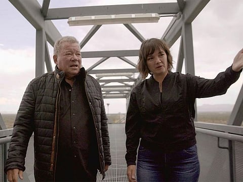 William Shatner tours the launch tower with Blue Origin's Sarah Knights at Launch Site One near Van Horn, Texas, US in an undated still image from video.