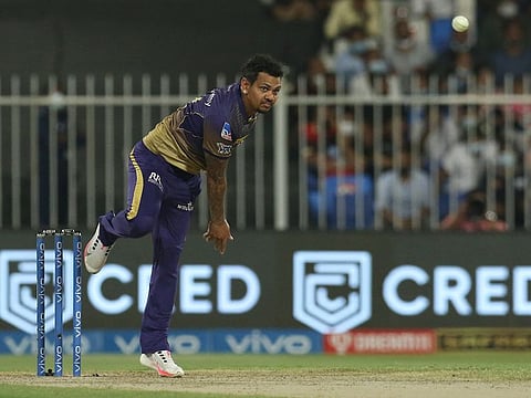Sunil Narine of the Kolkata Knight Riders in action during the IPL 2021 Eliminator against the Royal Challengers Bangalore at the Sharjah Cricket Stadium on October 11, 2021.
