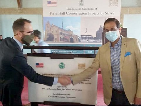 Karachi’s Administrator Murtaza Wahab and American Consul General Mark Stroh during the unveiling of the project to preserve iconic Frere Hall building of Karachi.