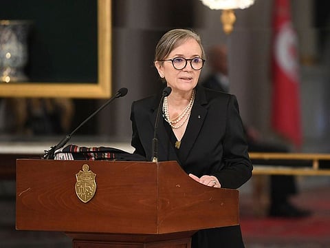 In this photo distributed by the Tunisian Presidency, Tunisian Prime Minister Najla Bouden talks during the the swearing-in ceremony of the new government, Monday, Oct.11, 2021 in Tunis.