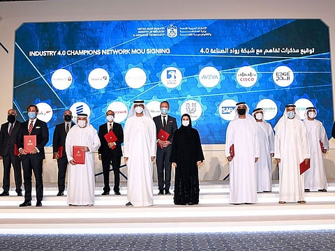 Dr Sultan Ahmed Al Jaber, Minister of Industry and Advanced Technology, Sarah Bint Yousef Al Amiri, Minister of State for Advanced Technology and Omar Suwaina Al Suwaidi, Under-Secretary of Ministry of Industry and Advanced Technology with representatives of 12 industrial entities at the launch of Fourth Industrial Revolution Programme, known as “UAE Industry 4.0”.