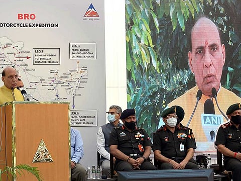 India's Defence Minister Rajnath Singh addresses a gathering after presiding over the breakthrough blast of the Sela tunnel, at National War Memorial, in New Delhi on Thursday, Oct 14, 2021. ANI