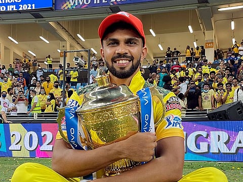 Ruturaj Gaikwad with the IPL trophy after the Chennai Super Kings won the Season 14 title in Dubai.