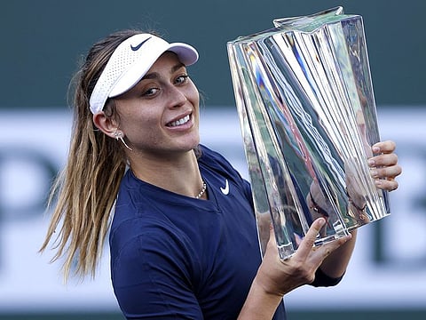 Paula Badosa of Spain holds the trophy after defeating Victoria Azarenka in the Women's Singles Final match on Day 14 of the BNP Paribas Open on October 17, 2021 in Indian Wells, California.