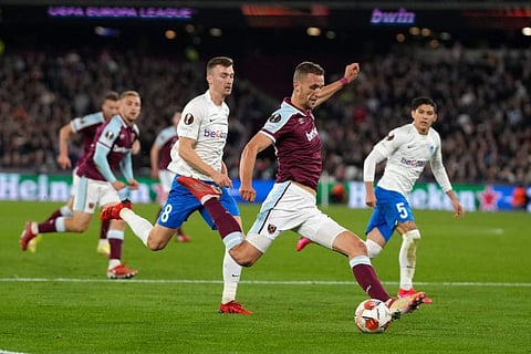 West Ham’s Tomas Soucek takes a shot during the Europa League Group H match against Genk at the London stadium in London.