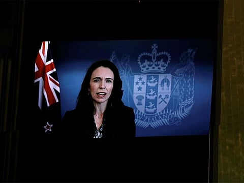 New Zealand's Prime Minister Jacinda Ardern addresses via pre-recorded video the UN General Assembly 76th session General Debate in UN General Assembly Hall at the United Nations Headquarters in New York City, New York, US, September 24, 2021.