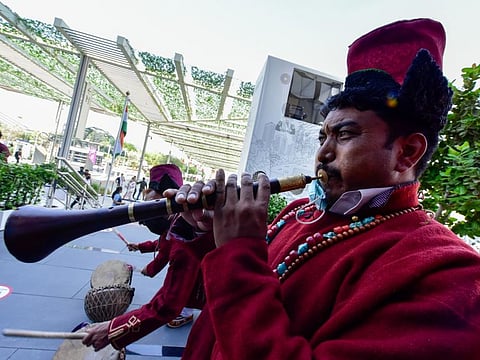 Artists from Ladakh perform at the Ladakh section of India Pavilion at Expo 2020 Dubai on Friday.