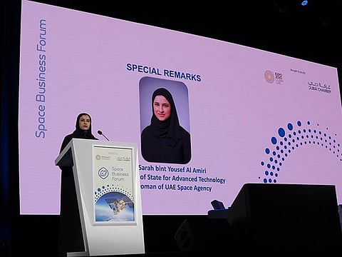 Sarah bint Yousef Al Amiri, Chairwoman of UAE Space Agency and Minister of State for Advanced Technology, during her keynote address to the ‘Space Business Forum’ at Expo 2020 Dubai on Saturday.