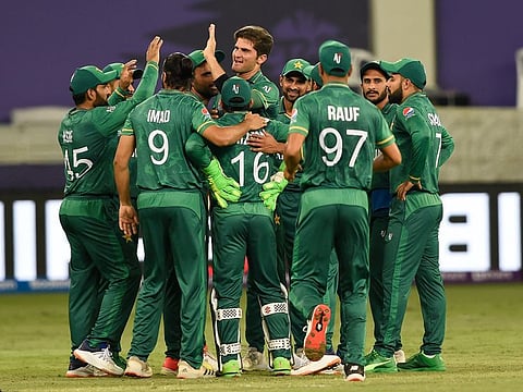 Shaheen Afridi of Pakistan celebrates the wicket of Indian opener KL Rahul in their ICC T20 World Cup match at the Dubai International Cricket Stadium, Dubai, UAE.