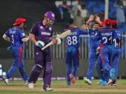 Afghanistan players celebrate the dismissal of Scotland's George Munsey during the Cricket Twenty20 World Cup match in Sharjah, UAE, on October 25, 2021.