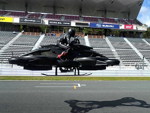 In a video grab from Japanese startup A.L.I. Technologies, the "XTurismo Limited Edition" hoverbike is pictured during its demonstration at Fuji Speedway in Oyama, Shizuoka Prefecture, Japan.