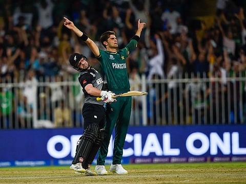 Pakistan's Shaheen Afridi celebrates the wicket of Tim Seofert of New Zealand