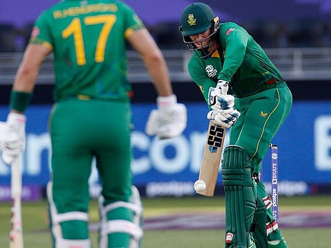 South Africa's Rassie van der Dussen turns one on the square during their chase of West Indies target of 144 at the Dubai International Stadium.
