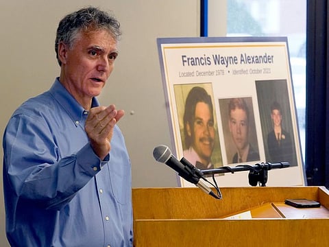 Cook County Sheriff Tom Dart answers a question after announcing the identity of "Gacy Victim 5" as North Carolina native Francis Wayne Alexander during a news conference Monday, Oct. 25, 2021, in Maywood, Ill. Alexander's body was among 26 discovered by police in the crawl space of John Wayne Gacy's home more than 40 years ago, with three more found outside the house and four others found in waterways that Gacy admitted killing. Police were able to identify 25 of the victims but the final eight, Alexander among them, were buried without having ever been identified.