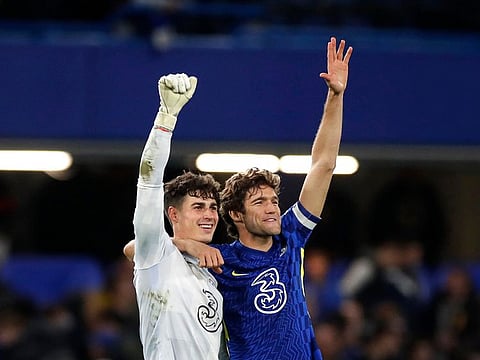 Chelsea's Kepa Arrizabalaga and Marcos Alonso celebrate after winning the penalty shoot-out.
