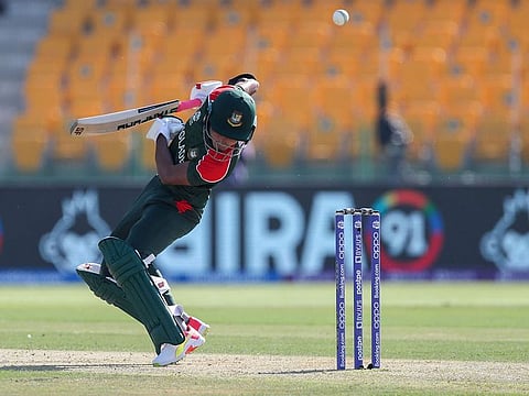 Bangladesh's Afif Hossein takes his eyes off a rising delivery during their Super-12s match against England on Wednesday.