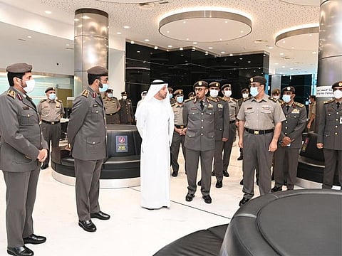 Lt Gen Mohammed Ahmed Al Marri with other officials during an inspection visit to GDRFA-Dubai.
