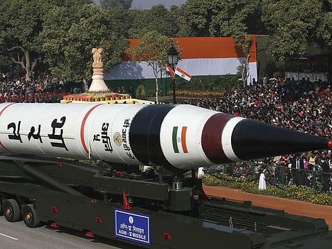 In this Saturday, Jan. 26, 2013, file photo, the long range ballistic Agni-V missile is displayed during Republic Day parade, in New Delhi, India. India has successfully test-fired a nuclear-capable intercontinental ballistic missile with a strike range of 5,000 kilometers from an island off India's east coast on Wednesday, Oct. 27, 2021.
