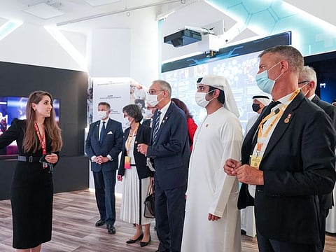 Sheikh Maktoum bin Mohammed bin Rashid Al Maktoum at the Switzerland Pavilion in Expo 2020 Dubai. He also met Guy Parmelin, the President of the Swiss Confederation.