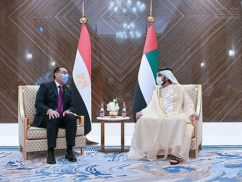 Sheikh Mohammed bin Rashid Al Maktoum (R) receives Mostafa Madbouly at Expo 2020 Dubai