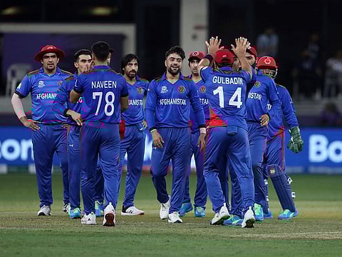 Afghanistan's Rashid Khan (centre) and teammates celebrate the dismissal of Pakistan's Mohammad Hafeez during the Cricket Twenty20 World Cup match in Dubai, UAE. Afghanistan face Namibia next and ought to beat them.