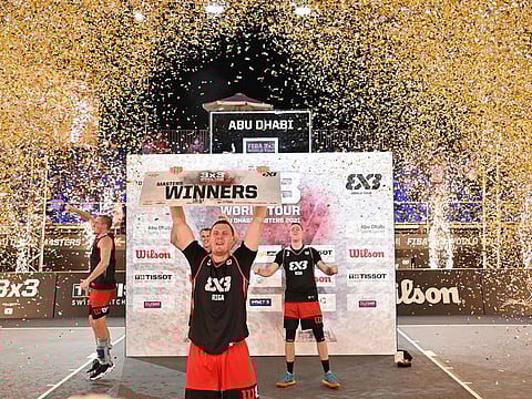 Latvia's Team Riga celebrate the Fiba 3x3 Basketball Masters title in Abu Dhabi