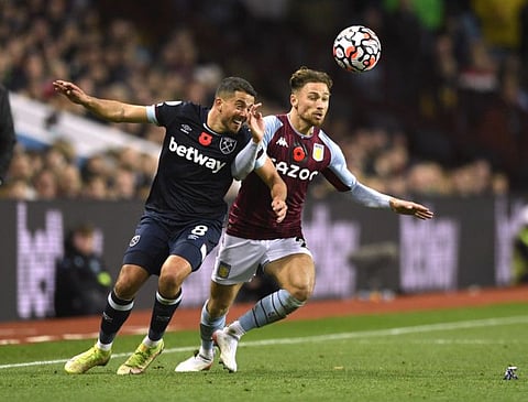 West Ham United's Pablo Fornals in action with Aston Villa's Matty Cash. West Ham won 4-1 to move into the top four of the table.