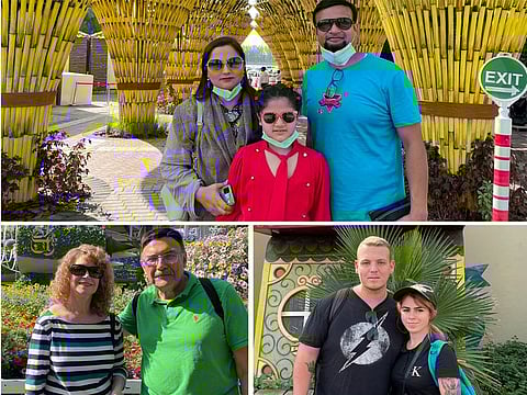 The first visitors to the 10th edition of the Dubai Miracle Garden: (Clockwise from top) Ehsaan Ali, Ayesha and Asmara; Abigail Attard and Owen Azzopardi; and Max Brand and Zippy.