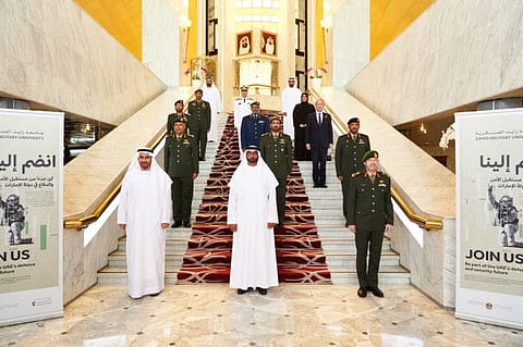 Ahmed Al Bowardi, Minister of State for Defence Affairs and Brigadier General Waleed Al Naqbi at the launching of the Zayed Military University in Abu Dhabi.