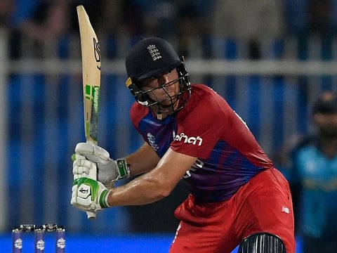 England's Jos Buttler plays a shot during the ICC Men’s Twenty20 World Cup cricket match against Sri Lanka at the Sharjah Cricket Stadium on November 1, 2021.