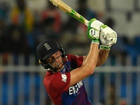 England's Jos Buttler plays a shot during the ICC Men’s Twenty20 World Cup cricket match against Sri Lanka at the Sharjah Cricket Stadium on November 1, 2021.