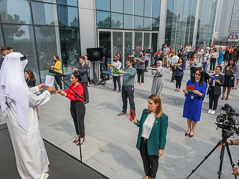 Fifty staff members from 50 nations, all based at HSBC UAE’s headquarters in Downtown Dubai, gathered to set the record for the ‘Most Nationalities Reciting a Poem’.