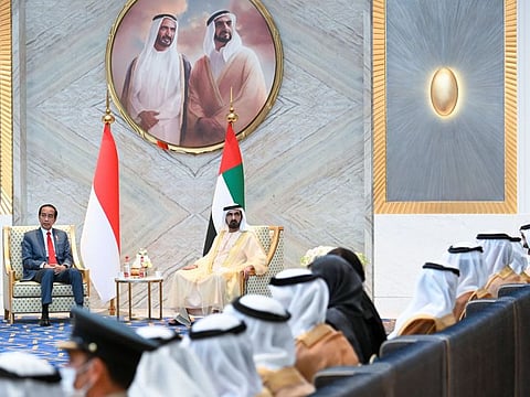 His Highness Sheikh Mohammed bin Rashid Al Maktoum, Vice-President and Prime Minister of the UAE and Ruler of Dubai, with Indonesian President Joko Widodo, in the presence of a host of dignitaries in Dubai today.
